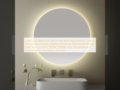 Specchio di bagno a LED intelligente con funzione anti-nebbia, display di tempo e temperatura, attenuazione senza step, design impermeabile, controllo a doppio tocco, temperatura di colore 3000K ~ 6000K, dimensioni e funzionalità personalizzabili