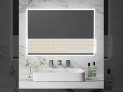 Specchio di bagno a LED intelligente con funzione anti-nebbia, display di tempo e temperatura, attenuazione senza step, design impermeabile, controllo a doppio tocco, temperatura di colore 3000K ~ 6000K, dimensioni e funzionalità personalizzabili